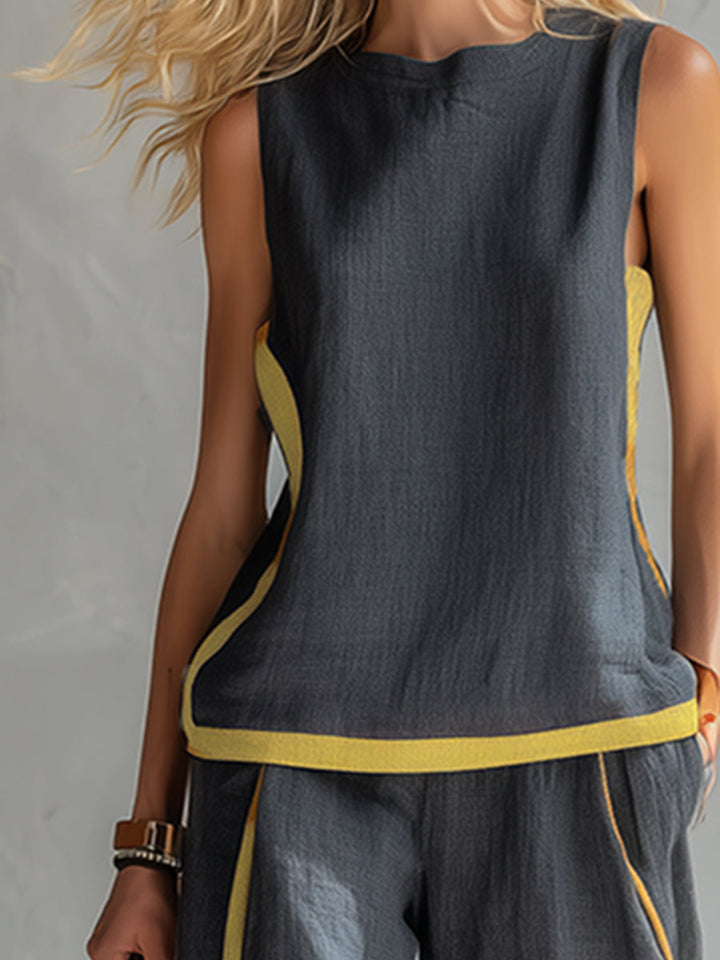 Leila - Elegant and casual vest and pants set in gray cotton and linen with two-tone edges.