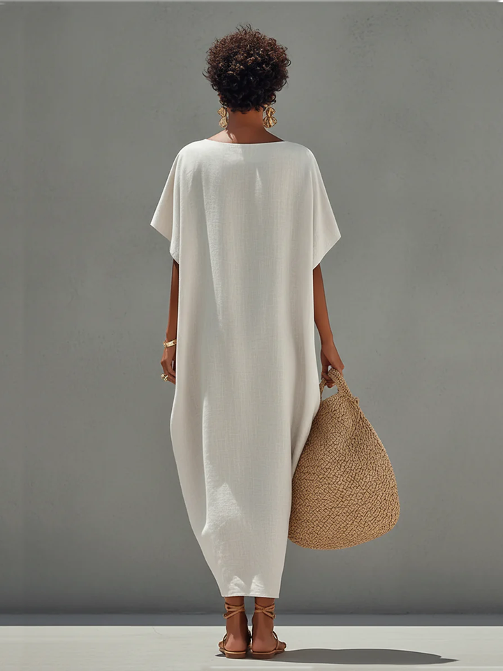 Women's White Linen Dress With Relaxed Fit & Minimalist Design, Timeless Resort-Casual Style Dress