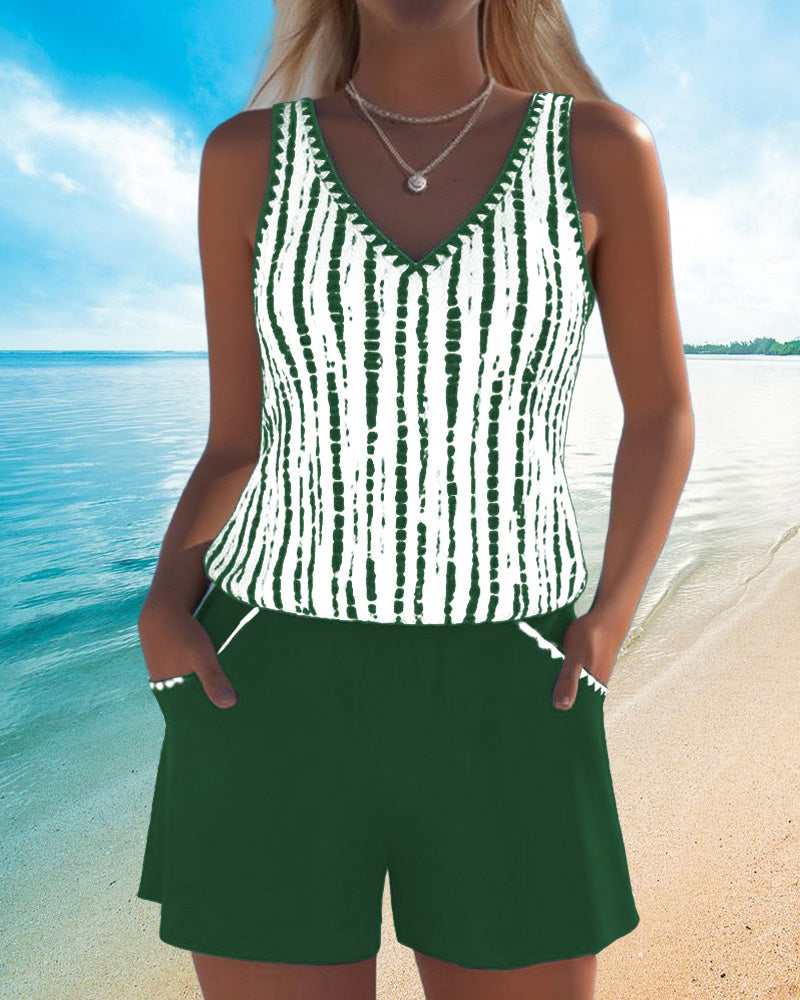 Mia™ | Maillot de bain deux pièces décontracté à col en V imprimé avec poches