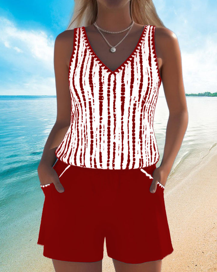 Mia™ | Maillot de bain deux pièces décontracté à col en V imprimé avec poches