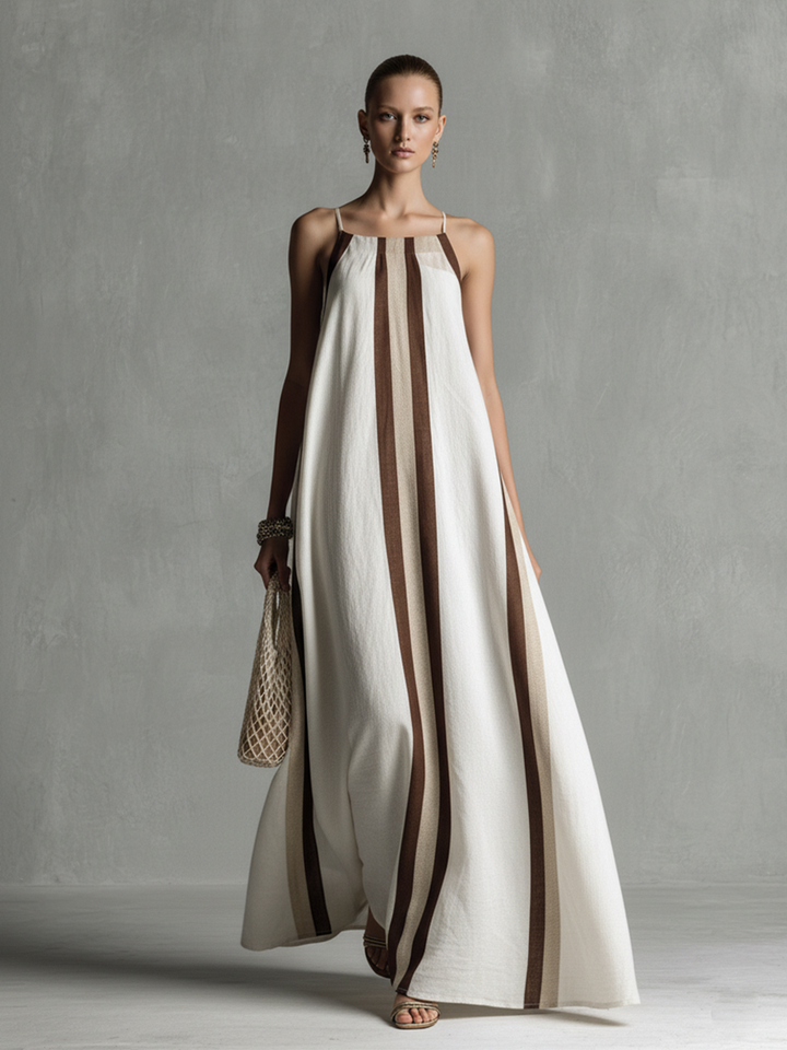 Women's Minimalist Style Beige And Brown Striped White Cotton Linen Slip Dress
