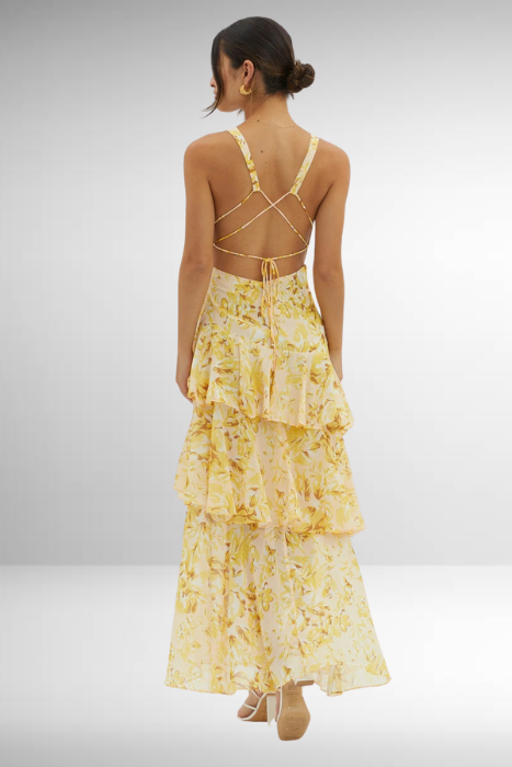 Vestido Maxi Floral com Babados em Camadas para Mulheres