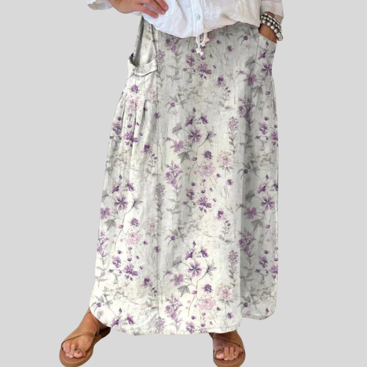 Damen Vintage Blumen Kunst Leinen Rock mit elastischem Bund und Taschen