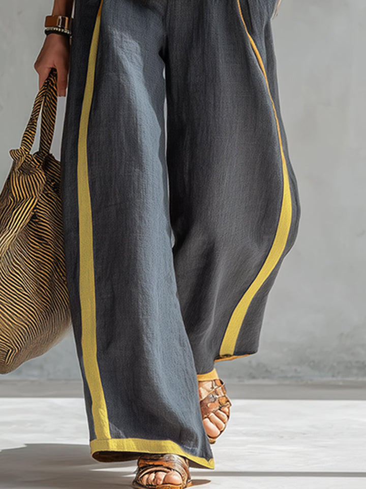 Leila - Elegant and casual vest and pants set in gray cotton and linen with two-tone edges.