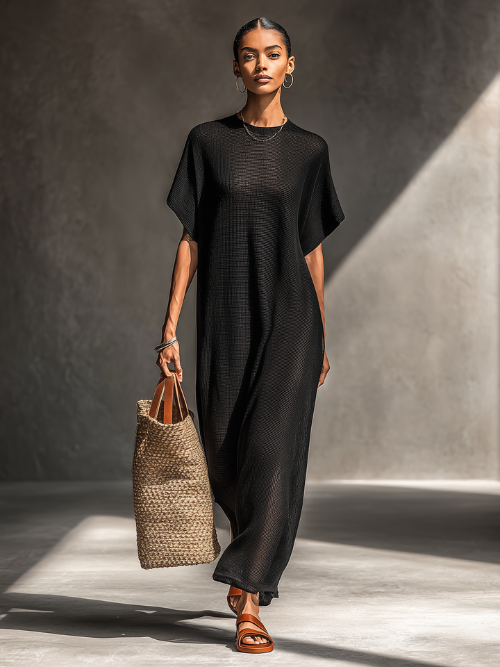 Women's Minimalist Sheer Knit Short-sleeved Maxi Dress