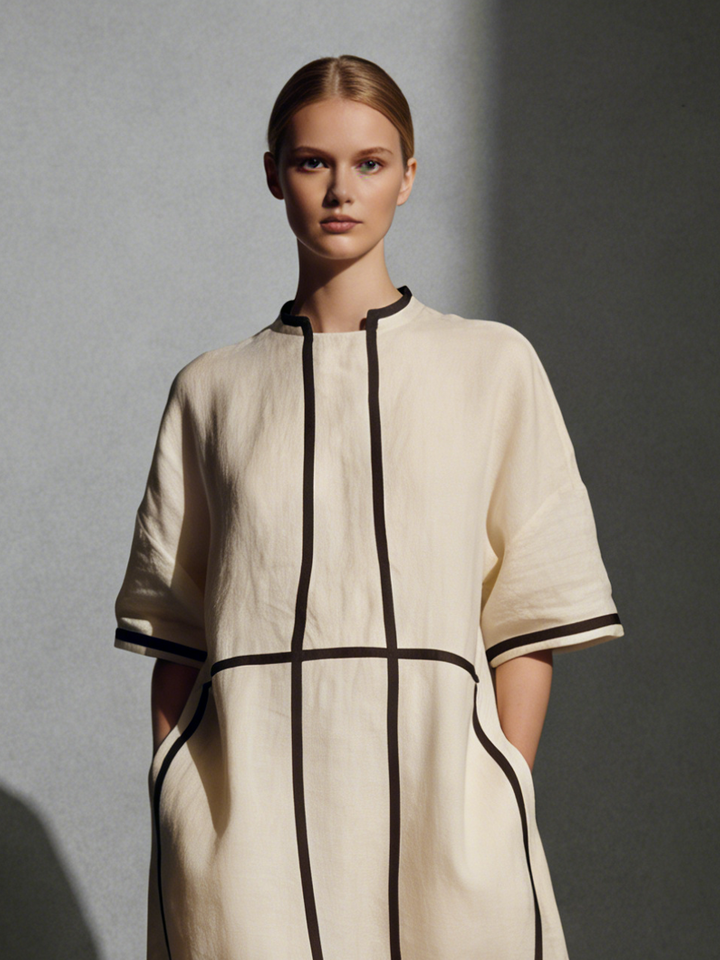 Women's Modern Linen Blend Beige Stand-Collar Half-Sleeve Contrast-Line Pocketed Maxi Dress