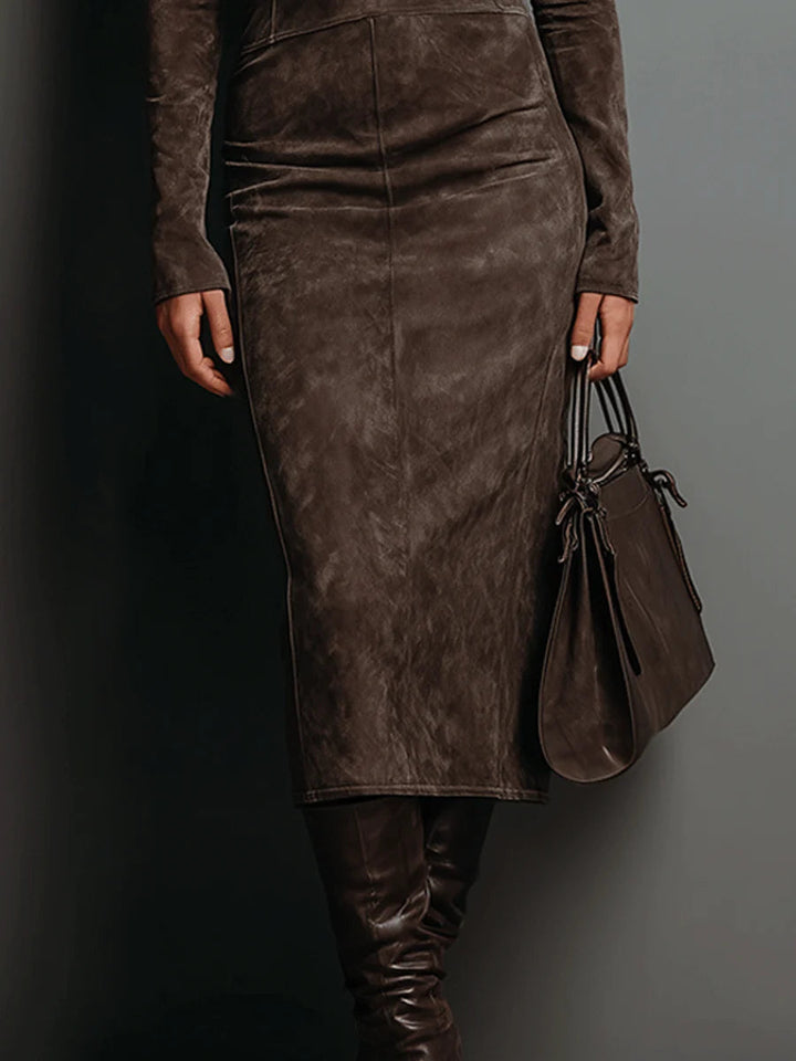 Hadley | High Neck Long Sleeve Suede Midi Dress