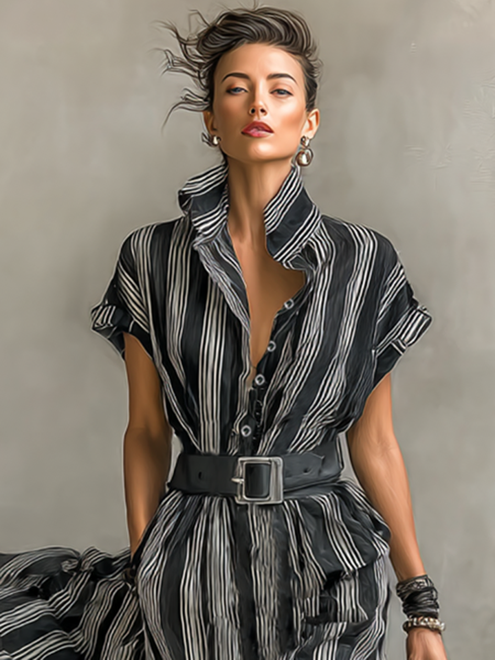 Women's Chiffon Striped Printed Lapel Short-sleeved Belted Maxi Dress