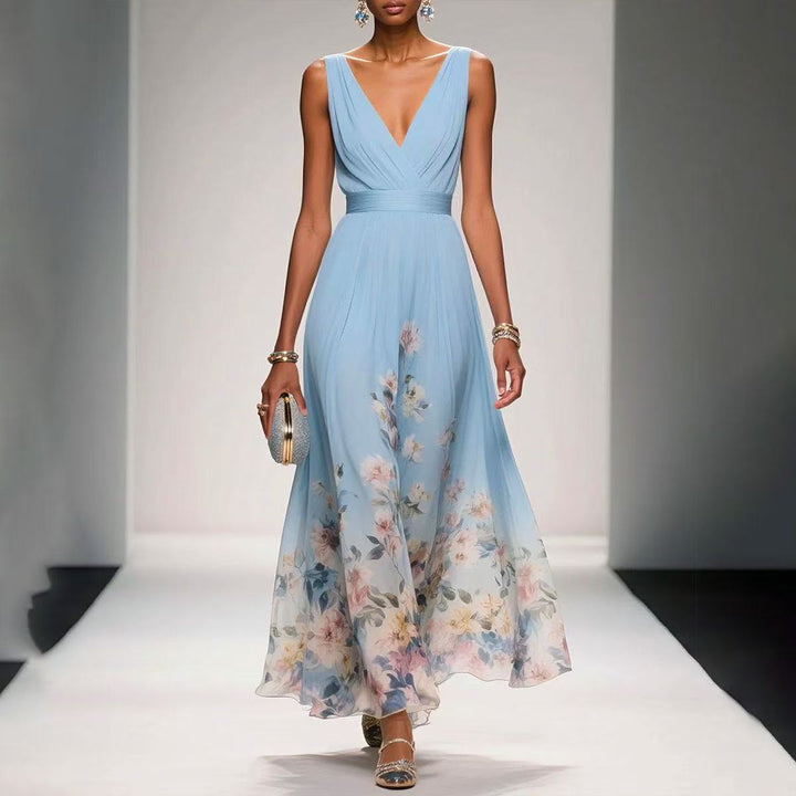Robe maxi sans manches pour femme à imprimé floral en bordure - col en V