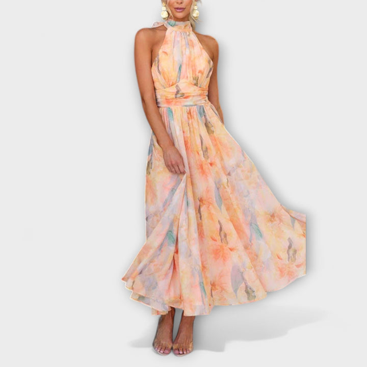 Vestido Longo com Estampa Aquarela e Gola Halter