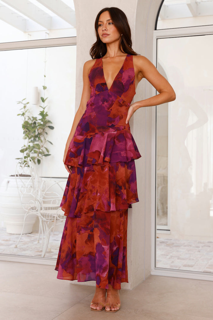 Vestido Maxi Floral com Babados em Camadas para Mulheres