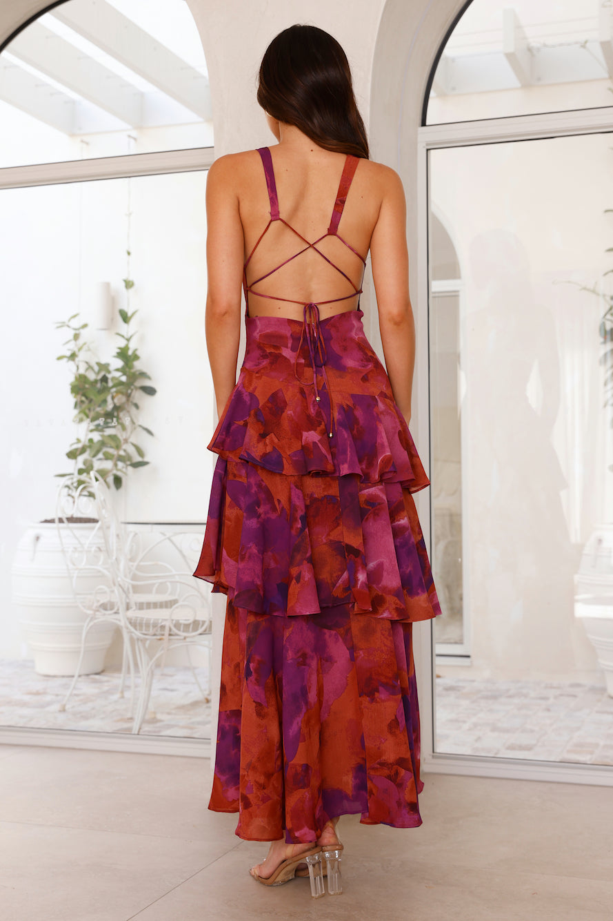 Vestido Maxi Floral com Babados em Camadas para Mulheres