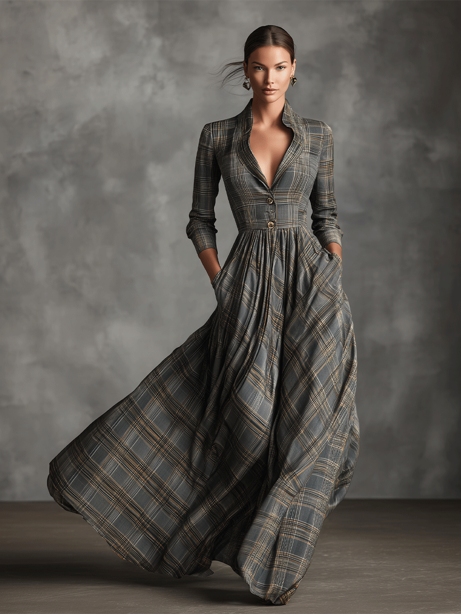 Dámské šedé maxi šaty z lněné směsi s elegantním tartanovým vzorem a rozšířenou sukní