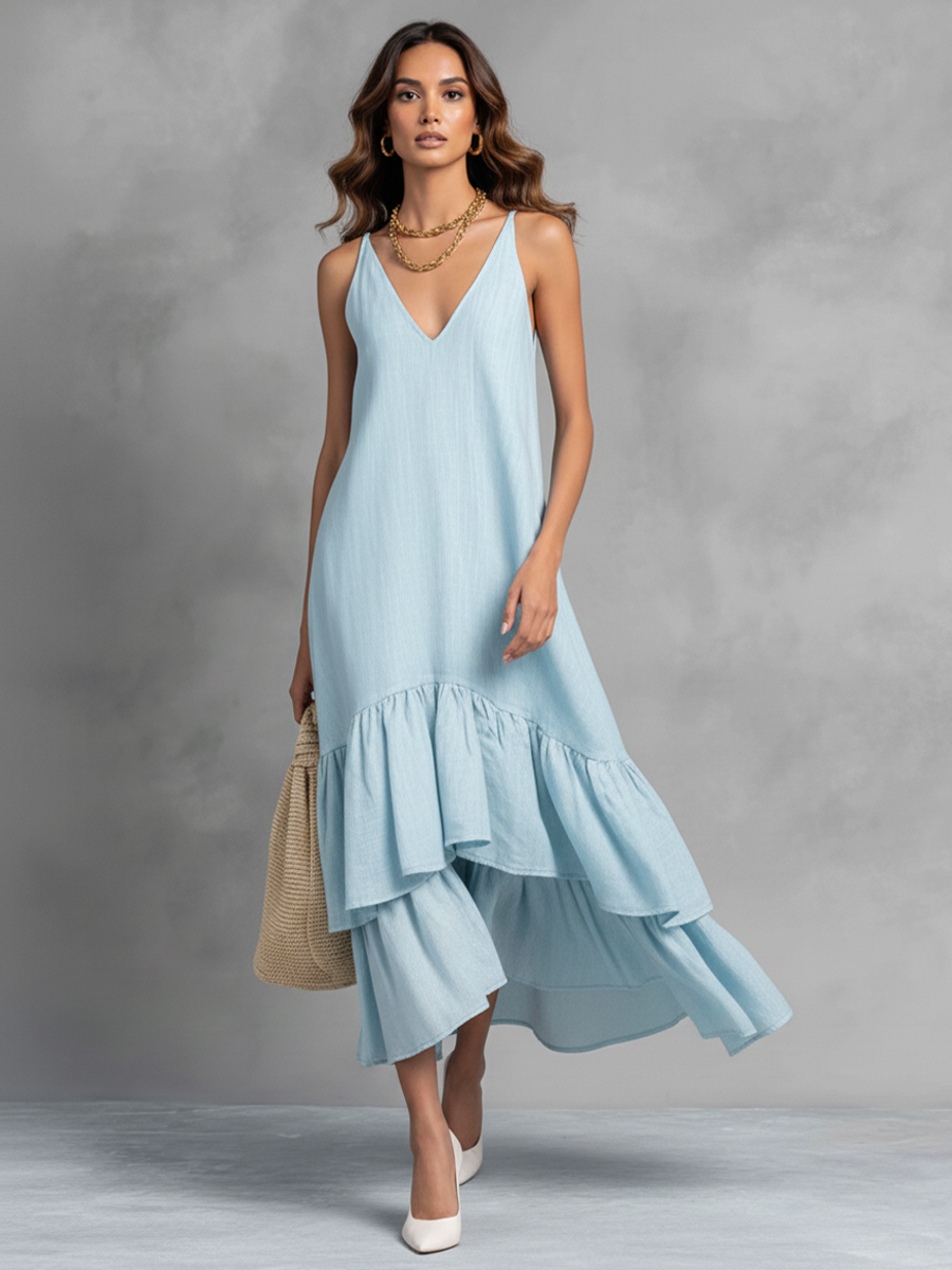 Vestido Longo Feminino Azul Claro em Algodão e Linho, Sem Mangas, Decote V e Barra com Babados