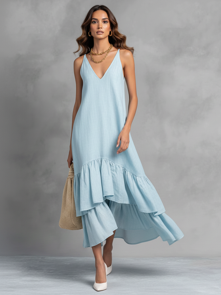 Vestido Longo Feminino Azul Claro em Algodão e Linho, Sem Mangas, Decote V e Barra com Babados