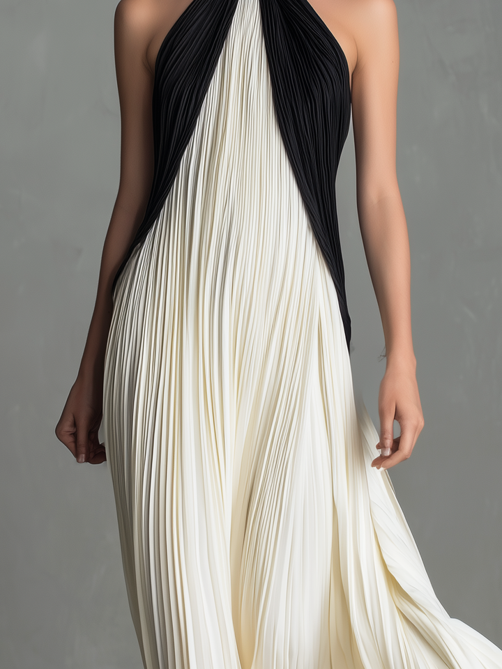 Elegant White Chiffon Pleated Round Neck Sleeveless Long Dress For Women