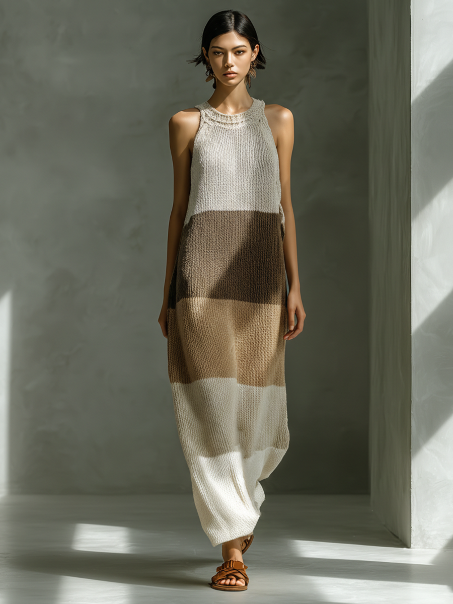 Women's Neutral Color Block Knit Maxi Dress With Halter Neck & Side Slits