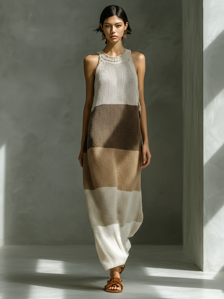 Women's Neutral Color Block Knit Maxi Dress With Halter Neck & Side Slits