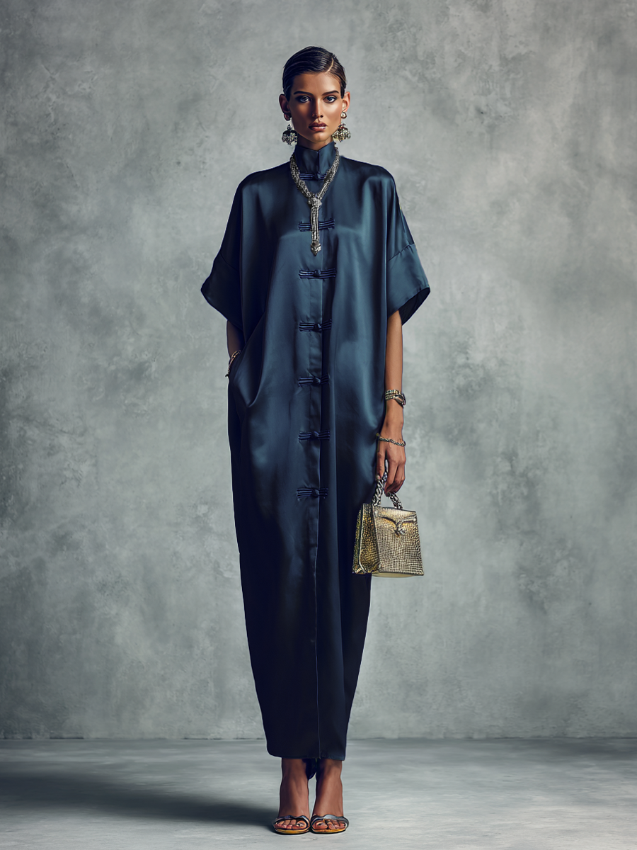 Women's Chinese-style Navy Blue Stand-up Collar Button Midi Dress
