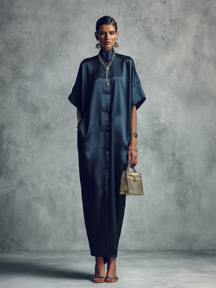 Women's Chinese-style Navy Blue Stand-up Collar Button Midi Dress