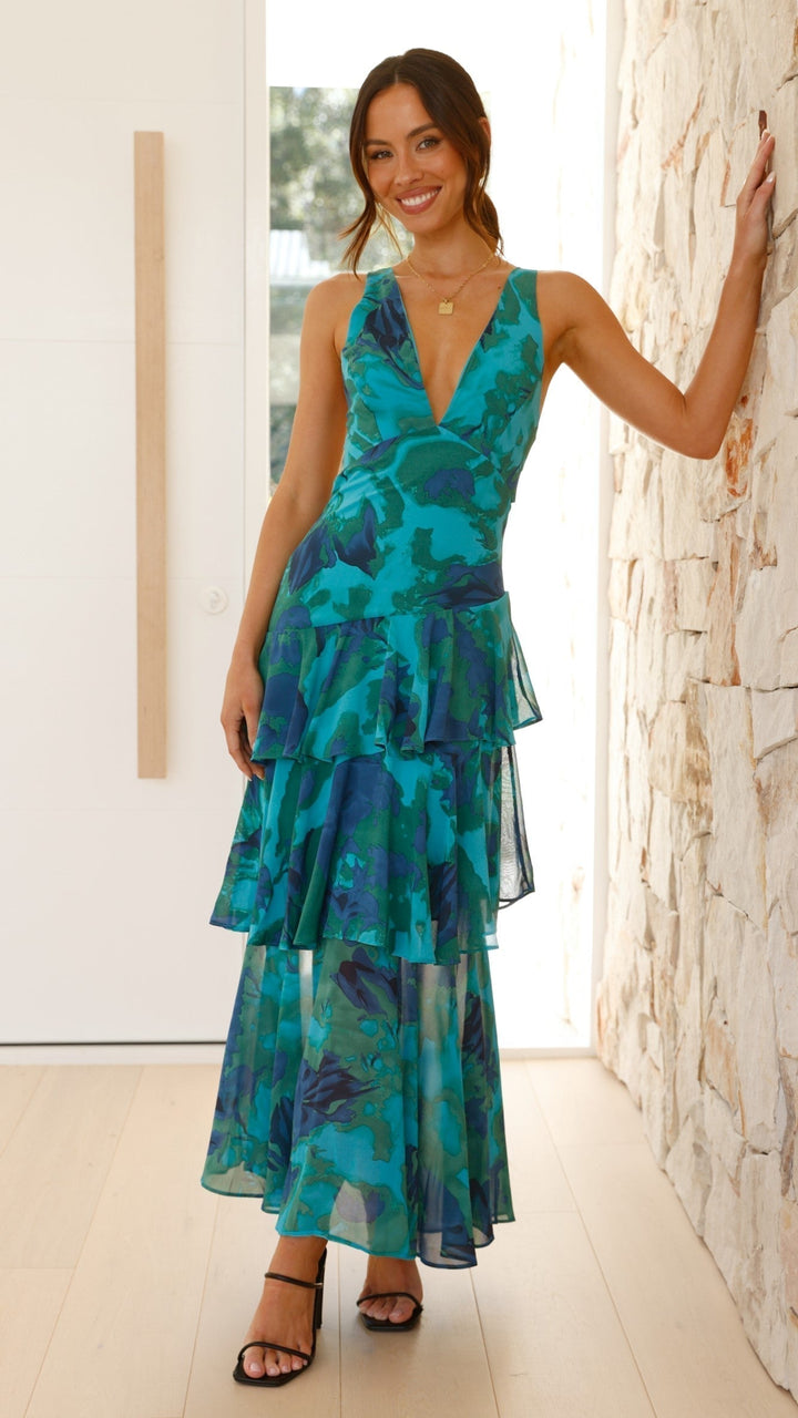 Vestido Maxi Floral com Babados em Camadas para Mulheres