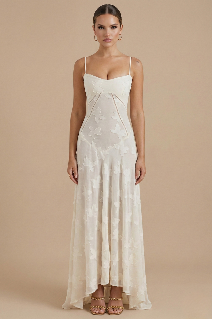 Vestido largo floral para mujer - Tirantes finos Escote corazón con capa de encaje
