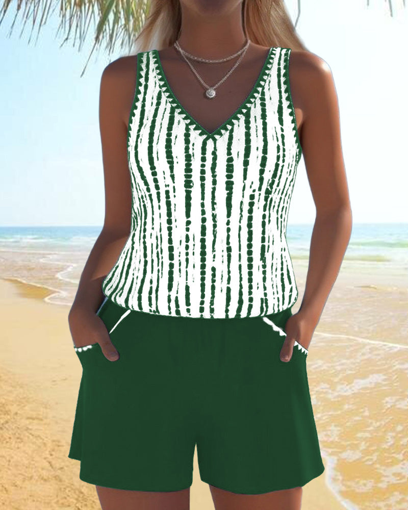 Mia™ | Maillot de bain deux pièces décontracté à col en V imprimé avec poches