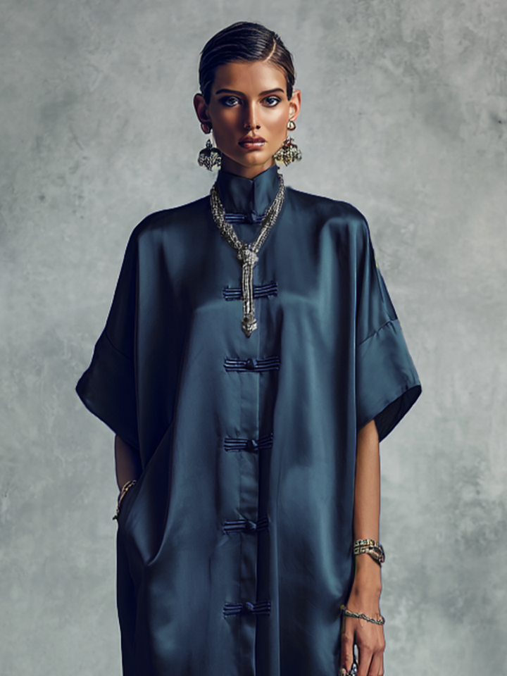 Women's Chinese-style Navy Blue Stand-up Collar Button Midi Dress
