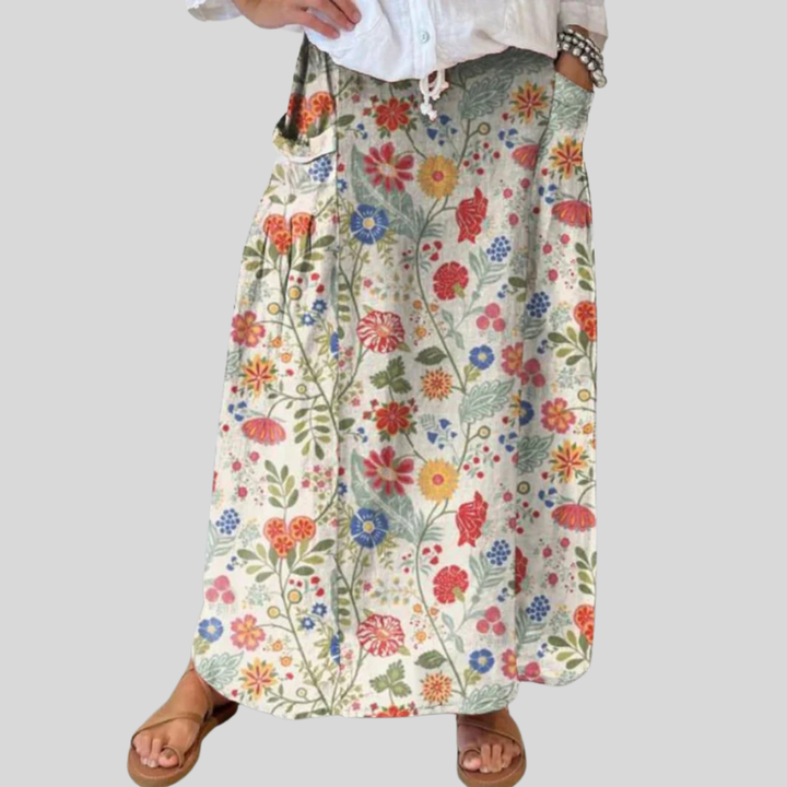 Jupe femme en lin à imprimé floral avec taille élastique et poches
