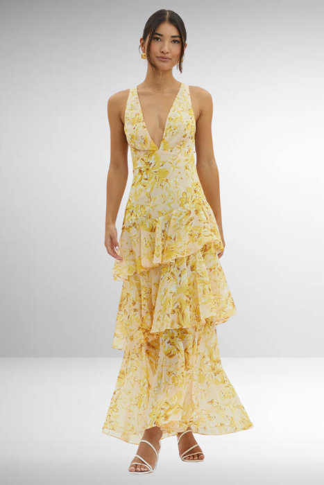 Vestido Maxi Floral com Babados em Camadas para Mulheres