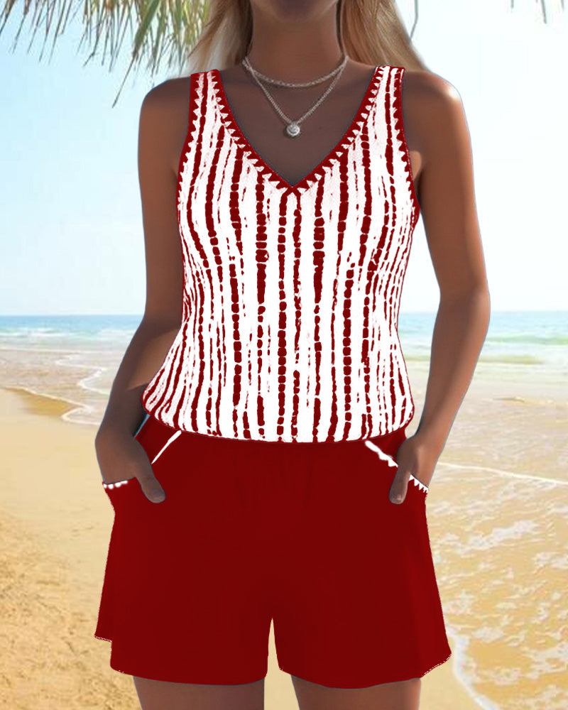 Mia™ | Maillot de bain deux pièces décontracté à col en V imprimé avec poches