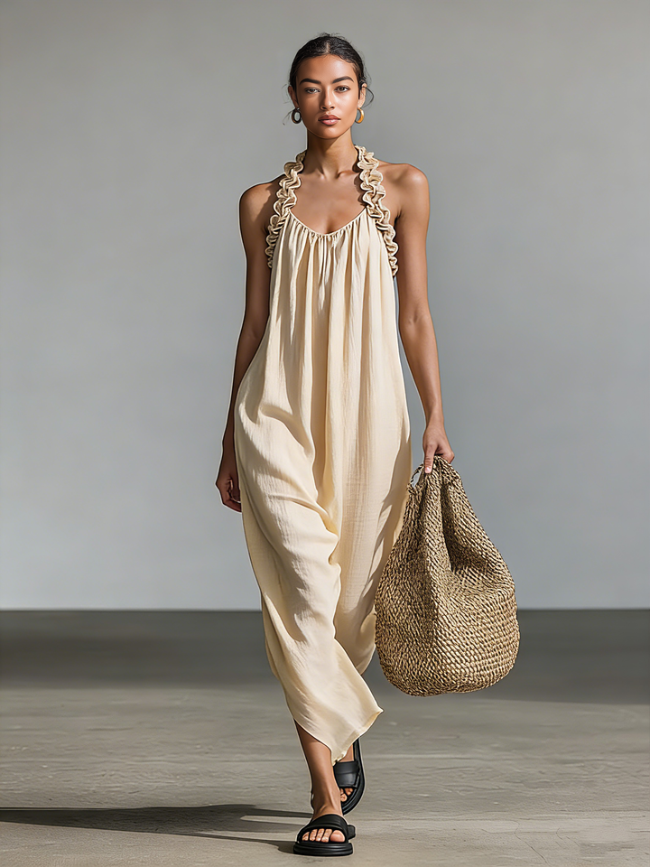Women's Minimalist Linen Blend Dress With Ruffled Trim And Halter Neck
