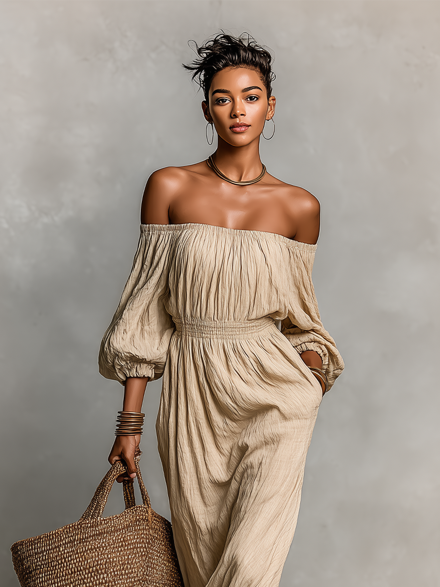 Women's Beige Textured Dress With Off-Shoulder Neckline & Ruched Waist, Timeless Boho-Chic Style Dress