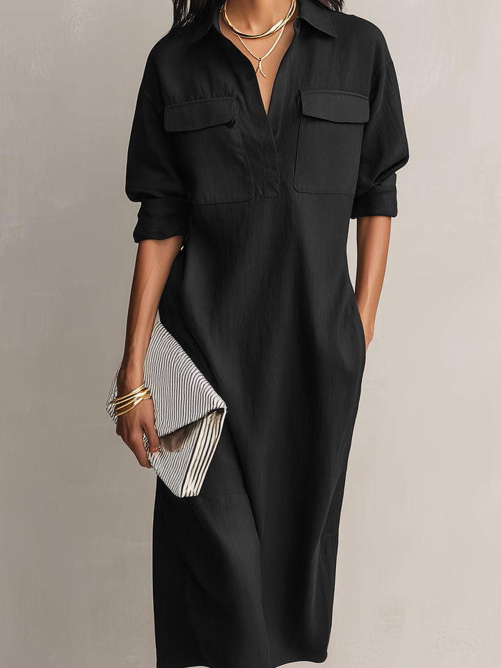 Vestido midi de mujer elegante de cuello camisero y manga corta en mezcla de algodón y lino negro