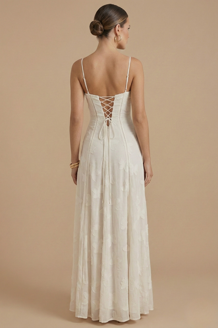 Vestido largo floral para mujer - Tirantes finos Escote corazón con capa de encaje