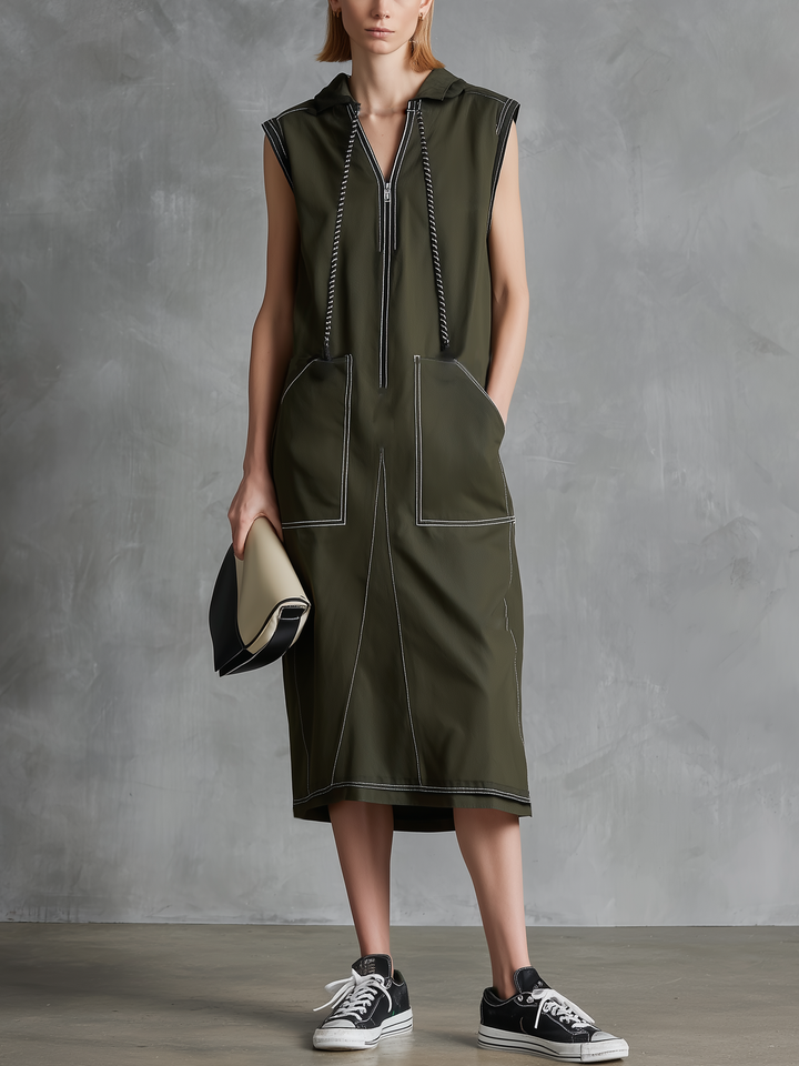 Women's Casual Dark Green Woven Sleeveless Straight Midi Dress