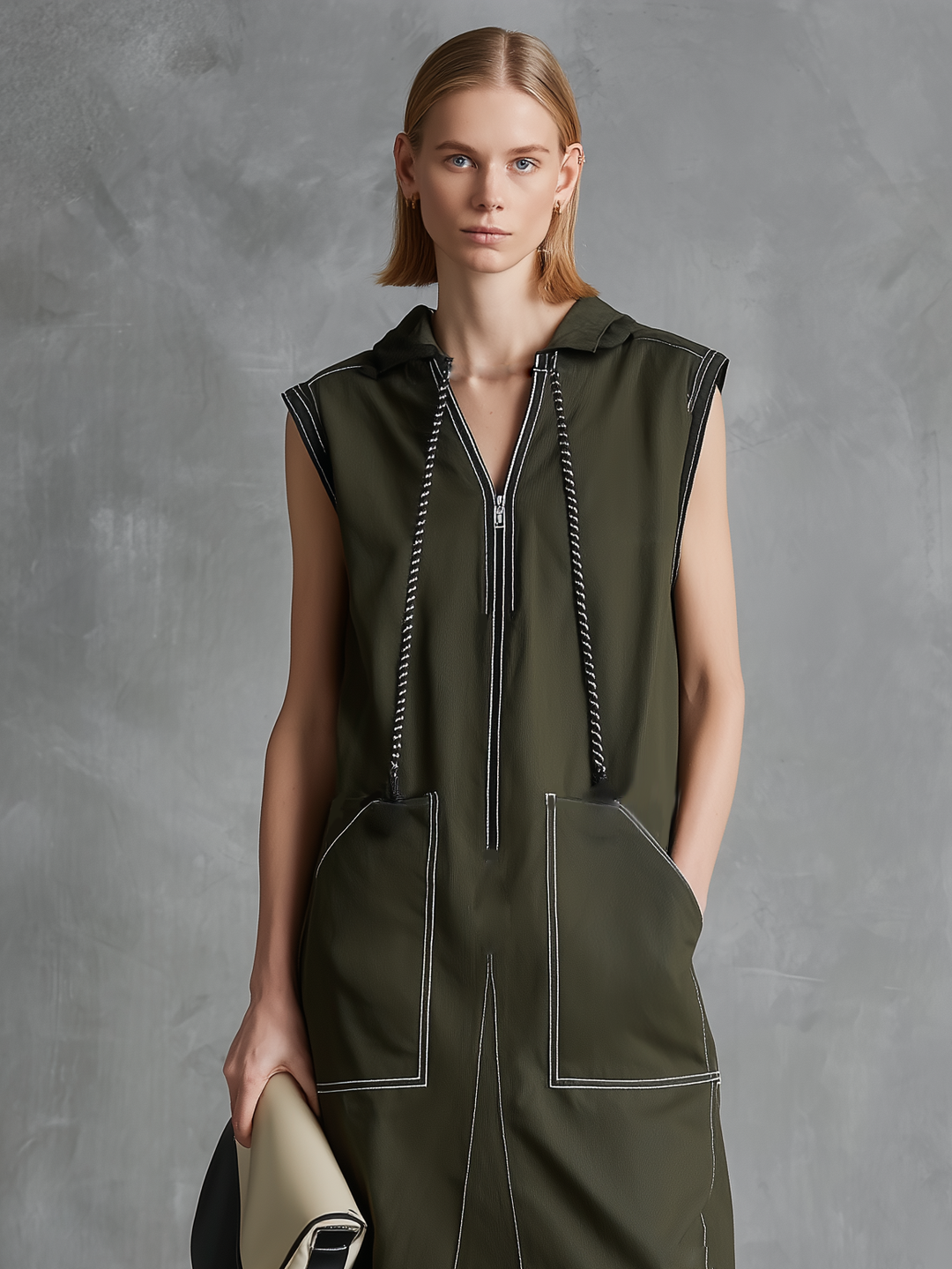 Women's Casual Dark Green Woven Sleeveless Straight Midi Dress
