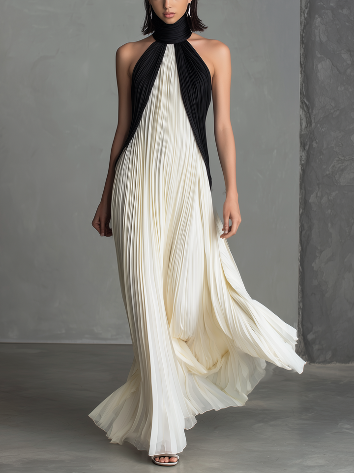 Elegant White Chiffon Pleated Round Neck Sleeveless Long Dress For Women