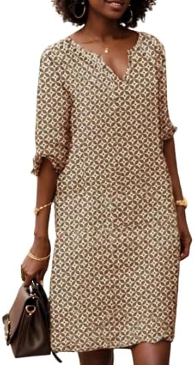 Vestido feminino com decote em V, caimento relaxado e comprimento até o joelho
