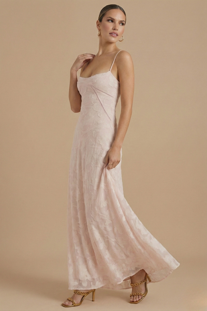 Vestido largo floral para mujer - Tirantes finos Escote corazón con capa de encaje
