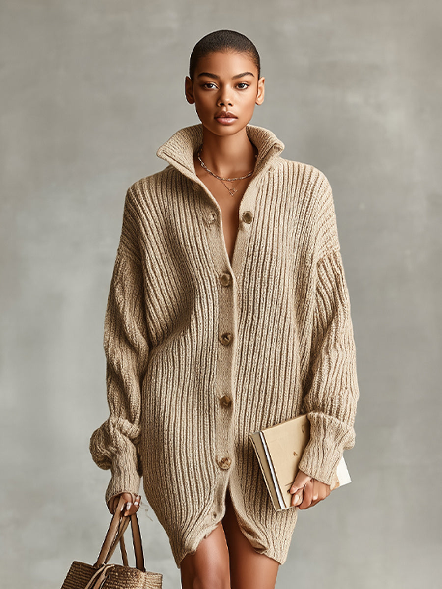 Robe mini femme camel élégante en cardigan oversize boutonné devant
