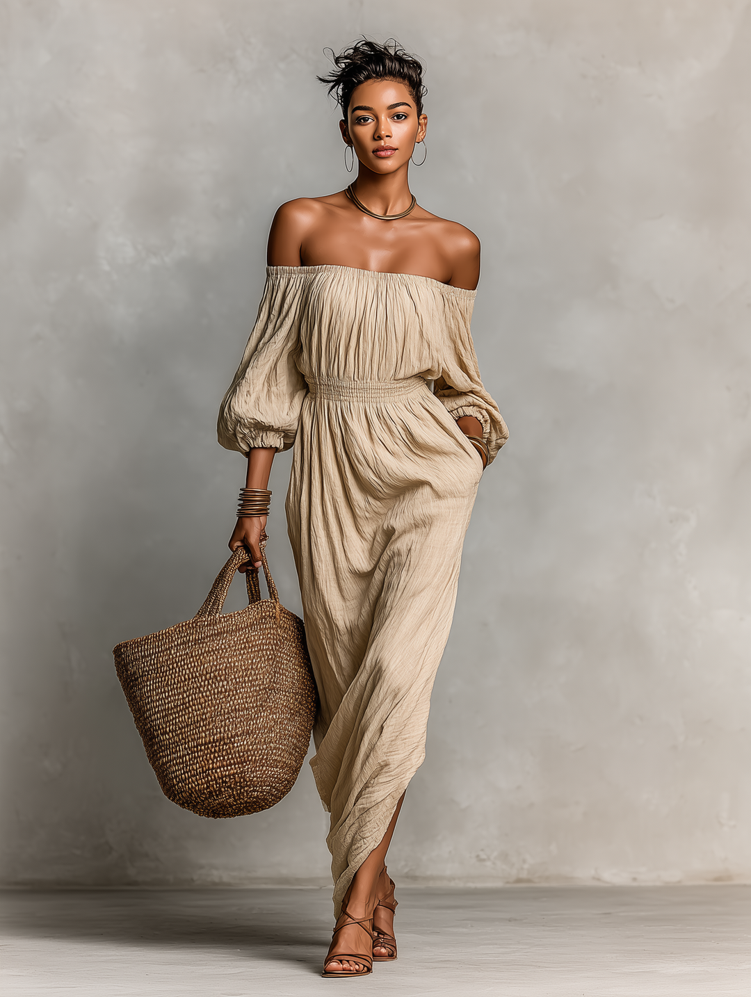 Women's Beige Textured Dress With Off-Shoulder Neckline & Ruched Waist, Timeless Boho-Chic Style Dress