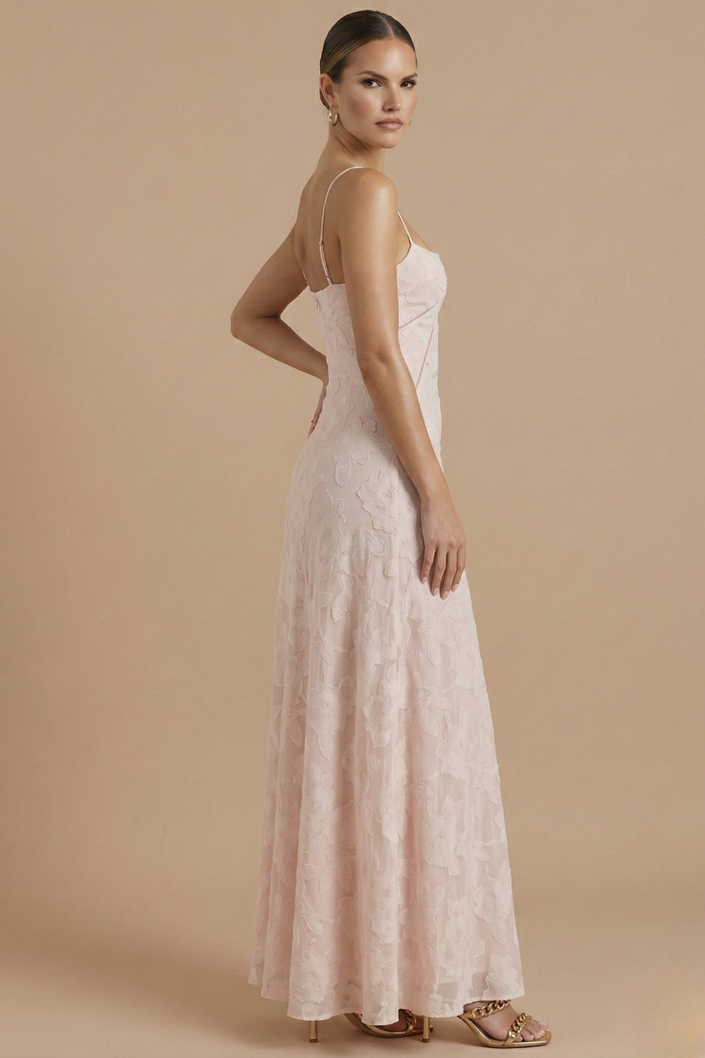 Vestido largo floral para mujer - Tirantes finos Escote corazón con capa de encaje