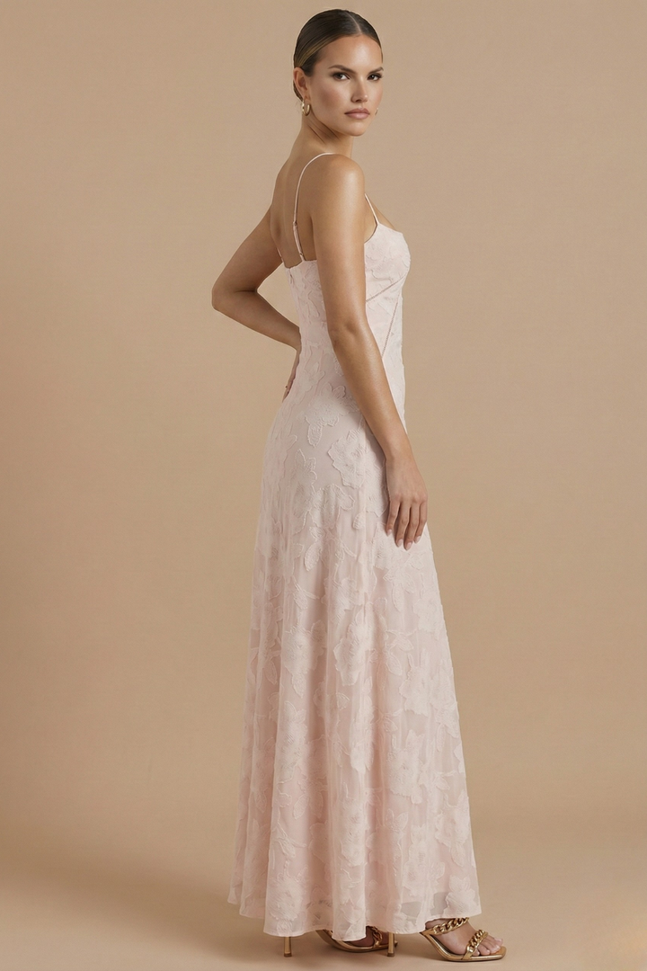 Vestido largo floral para mujer - Tirantes finos Escote corazón con capa de encaje