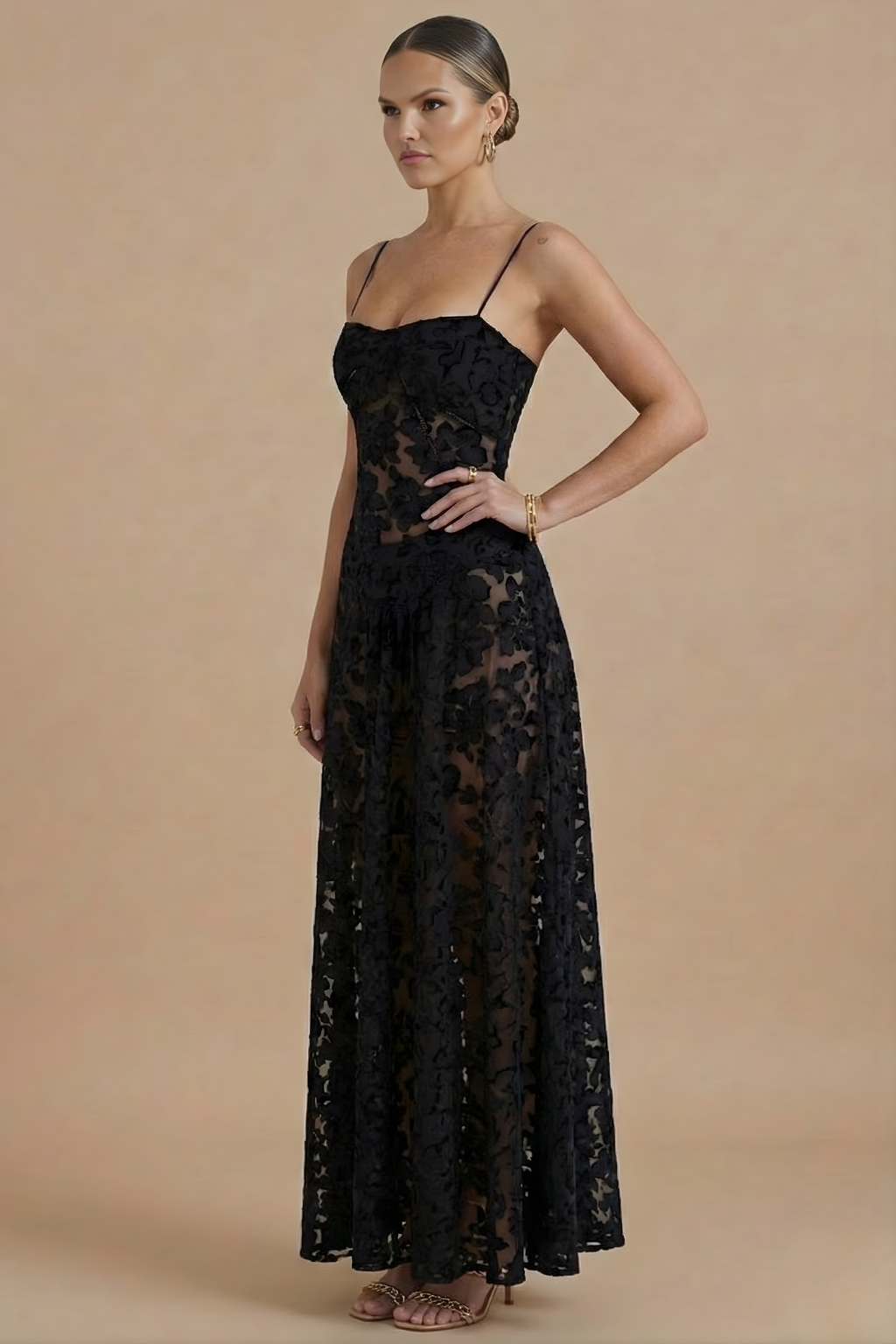 Vestido largo floral para mujer - Tirantes finos Escote corazón con capa de encaje