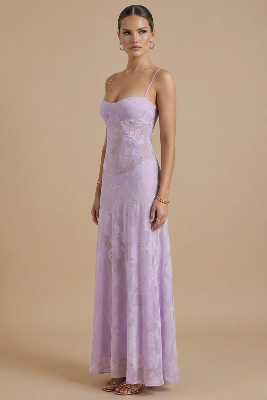 Vestido largo floral para mujer - Tirantes finos Escote corazón con capa de encaje