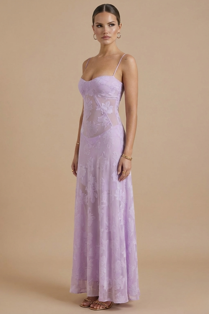 Vestido largo floral para mujer - Tirantes finos Escote corazón con capa de encaje