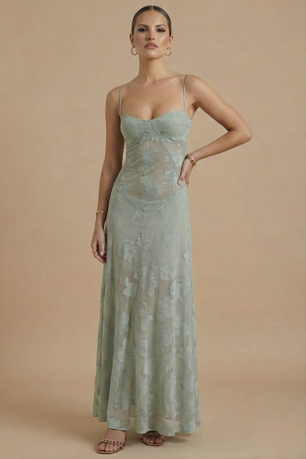 Vestido largo floral para mujer - Tirantes finos Escote corazón con capa de encaje