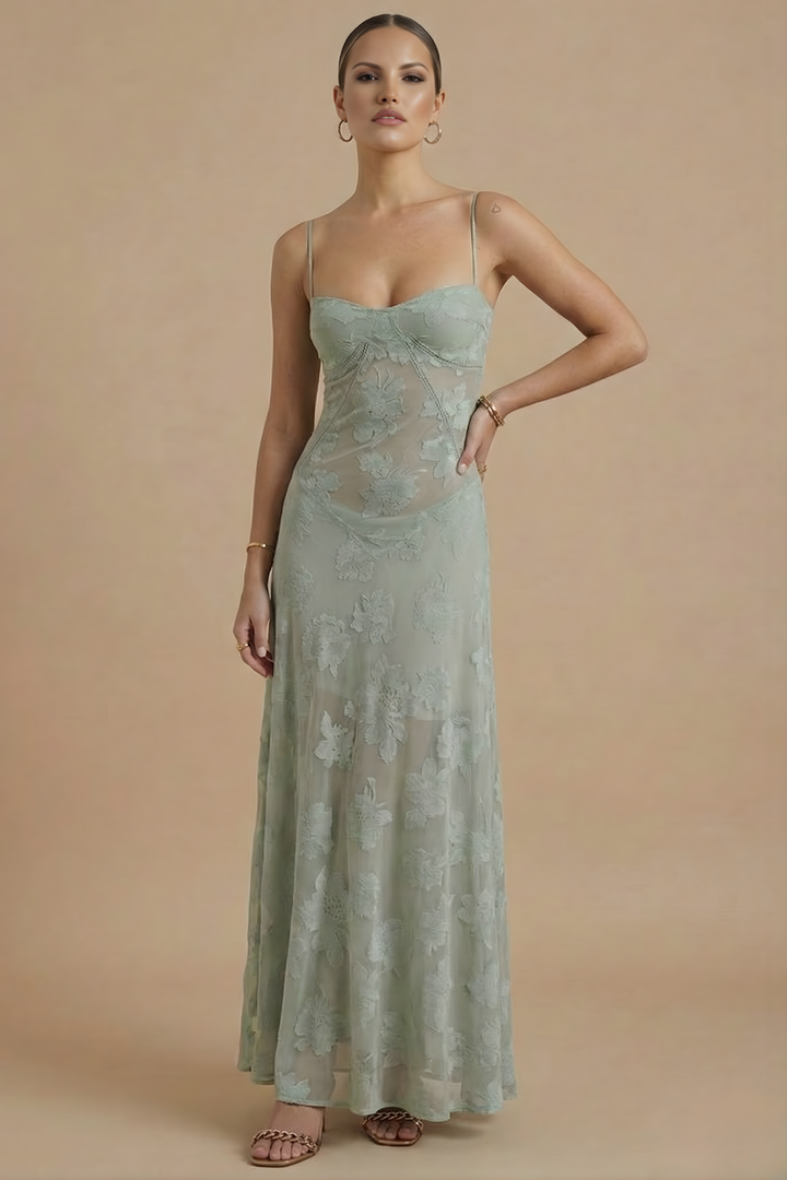 Vestido largo floral para mujer - Tirantes finos Escote corazón con capa de encaje