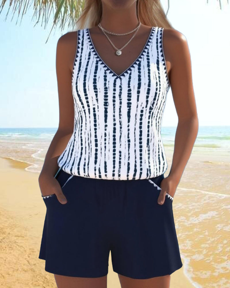 Mia™ | Maillot de bain deux pièces décontracté à col en V imprimé avec poches